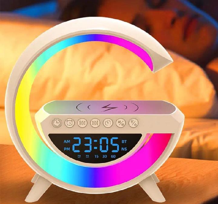 BT3401 G Shape Lamp Speaker Portable Bluetooth Speaker With Digital clock Fast Wireless Charging