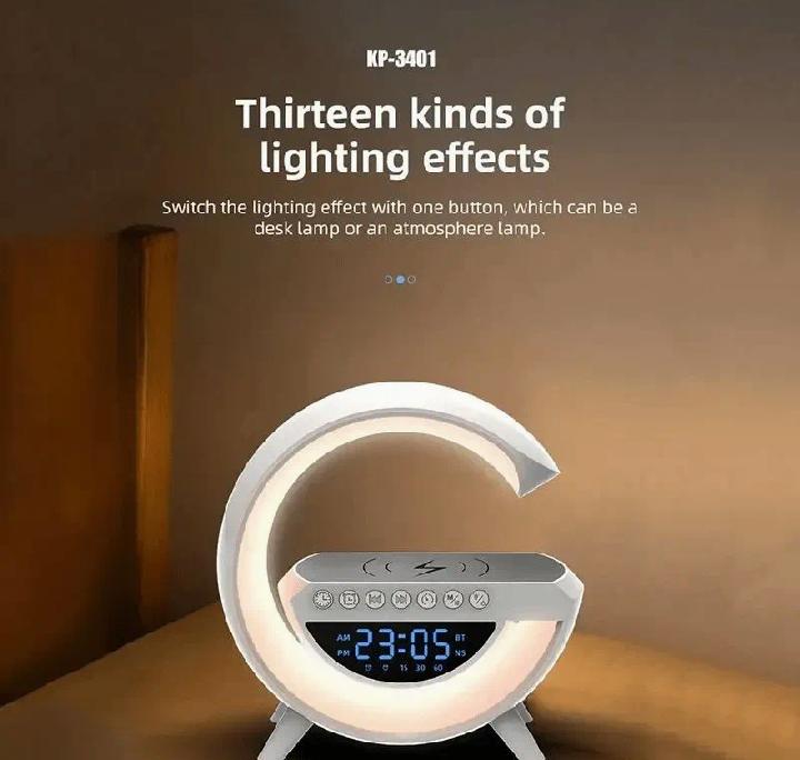 BT3401 G Shape Lamp Speaker Portable Bluetooth Speaker With Digital clock Fast Wireless Charging