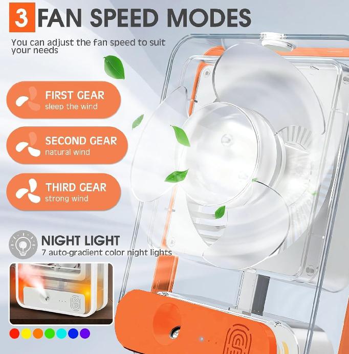Mini USB Mist Fan with LED Light | Rechargeable Table Fan with Humidifier Spray