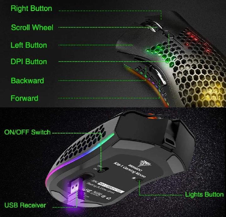 Bengoo KM-1 Rechargeable Wireless RGB Gaming Mouse Honeycomb Shell